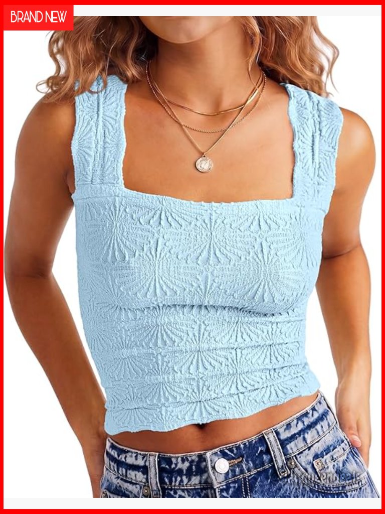 Women's Crop Tank Top Square Neck Wide Strap Backless Lettuce Trim Slim Fit
